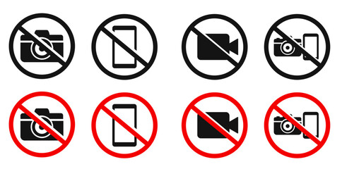 Warning sign, no photos, no phone or camera vector icons. Prohibition on taking photos and videos. No photo allowed or camera prohibited red circle and green allowed round vector icon set isolated (1)