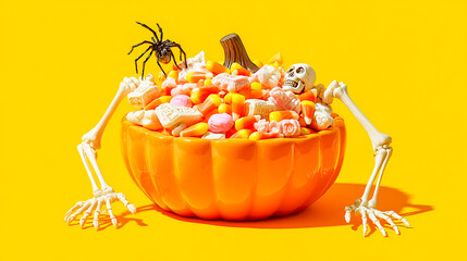 Halloween candy in an orange pumpkin-shaped bowl, with spider and skeleton hands reaching out to grab the candies on a yellow background