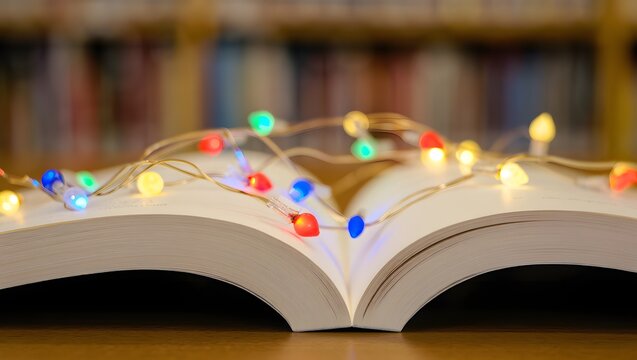 Cozy reading nook book with fairy lights aesthetic for christmas holiday season decor - Powered by Adobe