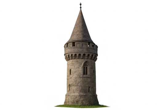 Medieval Stone Tower Standing on Green Grass with Transparent Background - Powered by Adobe