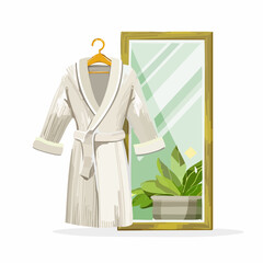 Bathrobe on hook – Fluffy bathrobe hanging beside a steamy mirror.
