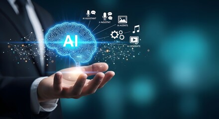 Fototapeta premium AI Brain Technology in Hand Digital Illustration