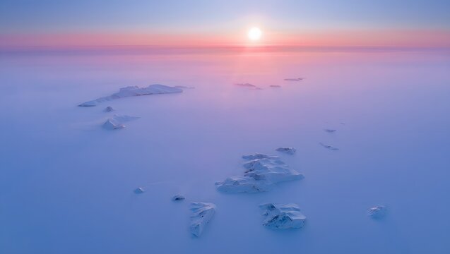 Aerial view of arctic landscape with icebergs and sunset for travel and adventure - Powered by Adobe