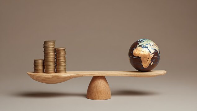 A wooden balance scale with stacks of gold coins on one side and a globe on the other, symbolizing a financial global imbalance