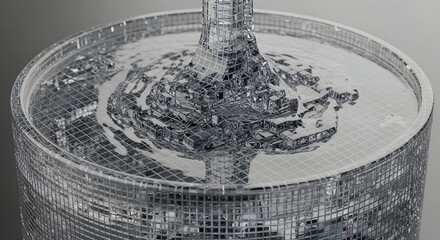 Abstract silver voxel liquid swirling in a digital grid container, creating a futuristic data flow effect on a clean background.