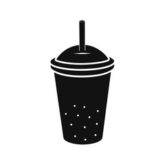 Modern silhouette of reusable bubble tea cup with screw-on lid and eco-straw, black and white