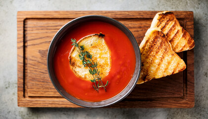overhead shot of tomato soup in a bowl with grilled cheese on a wooden board with thyme garnish