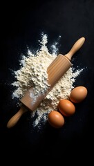 Baking ingredients flat lay: flour, eggs, and rolling pin on a dark background scene