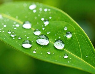 Close-up of dew drops on a vibrant green leaf