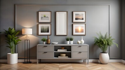A stylish living room interior featuring a grey console table with artwork and plants