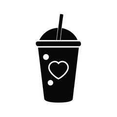Vector silhouette Flat silhouette icon of bubble tea with a heart-shaped lid detail and bold straw 