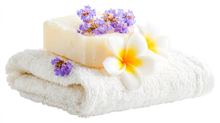 Handmade soap with lavender and frangipani flowers on top of two white towels, isolated on a transparent background