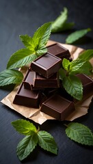 Delicious dark chocolate squares with fresh mint leaves on brown paper background food