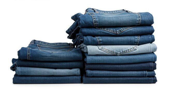 Stacks of blue denim jeans folded embodying fashion apparel style and textile on a white backdrop