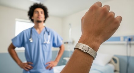 Fototapeta premium Caucasian hand with medical bracelet and african male doctor in hospital room