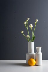 Still life photography of white flower buds in vases with lemon on white surface