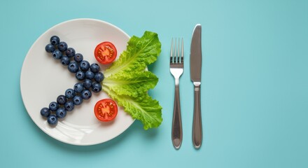 Overhead view of fresh colorful fruits and vegetables on a plate promoting healthy eating and a balanced diet