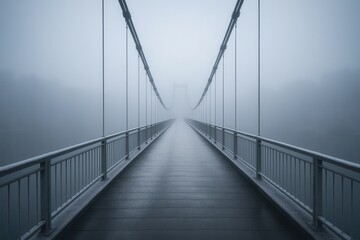 Obraz premium Journey into the Unknown: A desolate suspension bridge disappears into thick, eerie fog, symbolizing a path of uncertainty and the future ahead.