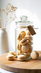 Macarons in glass jar on wooden board delicious french dessert baking pastry sweets treat