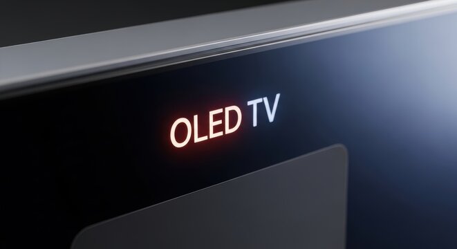 Close-up view of oled tv screen with glowing logo