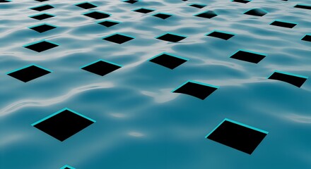 A dynamic digital river of cool cyan flows with perfectly square sections of missing data, revealing a stark black void beneath, symbolizing packet loss in a beautifully glitched, liquid landscape.