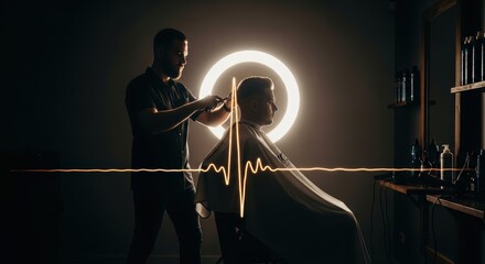 Male haircut scene with halo light and audio wave design in barber shop