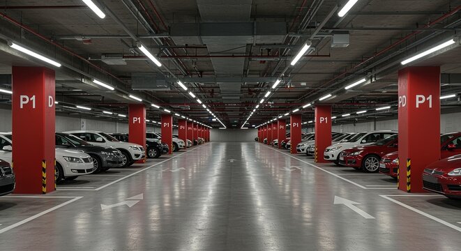 Indoor Parking Structure A View of Cars Neatly Arranged in a Multilevel Facility