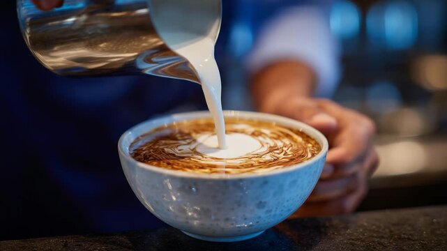 A skilled barista creates a delicate rosetta pattern with velvety milk on a rich, golden-brown coffee surface.