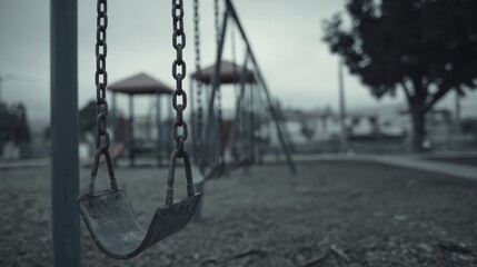 Empty playground swings on a gray day