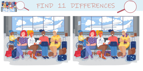 Find the differences game. Passengers at waiting room in airport. People sitting on chairs of airport terminal with suitcases and luggage wait for their plane to depart. Vector sketch illustration