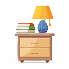 Fototapeta premium Reading lamp on nightstand – Lamp casting warm light next to a stacked book. 