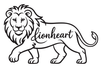 Lionheart Typography Vector, Handwritten Text with Bold Walking Lion Line Art
