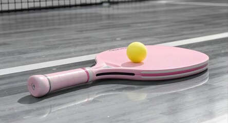 Vibrant pink pickleball paddle and yellow ball resting on a grey court with white lines, essential gear for a fun and active sport game.