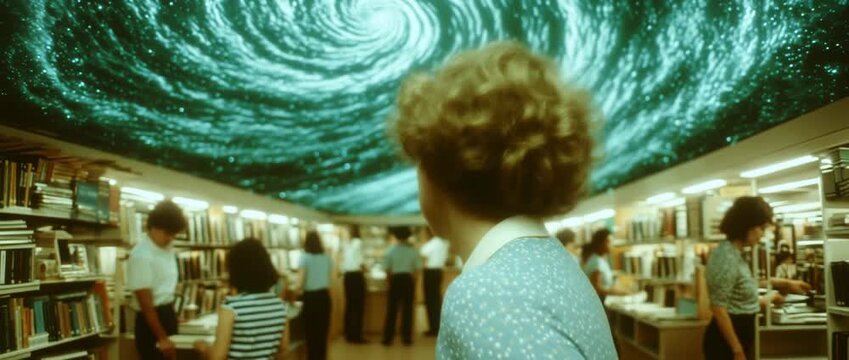 A vintage librarian stands in awe, gazing at a swirling cosmic vortex above a library, evoking a sense of wonder and existential dread. Inspired by themes of knowledge and the unknown.