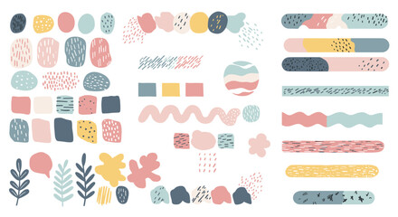 Colorful abstract shapes and patterns in pastel tones on white background  