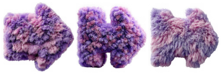 Three abstract fluffy shapes in purple and pink hues isolated on transparent background