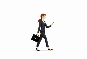Businesswoman walking and looking at smartphone in professional attire  