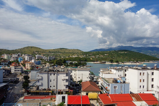 panoramic view of the city of Ksamil and buildings on the Albanian riviera coast