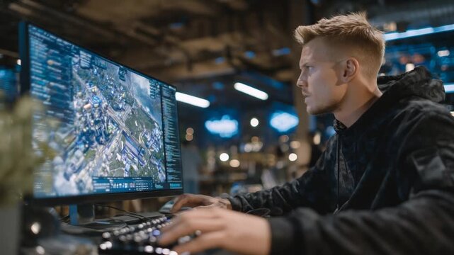 Indie game designer types on a mechanical keyboard, crafting a sci-fi game interface and shader code in a neon-lit, moody room.