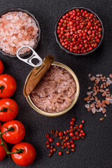 Tuna, canned fish in a can and on a plate for making sandwiches and other food. Canned tuna