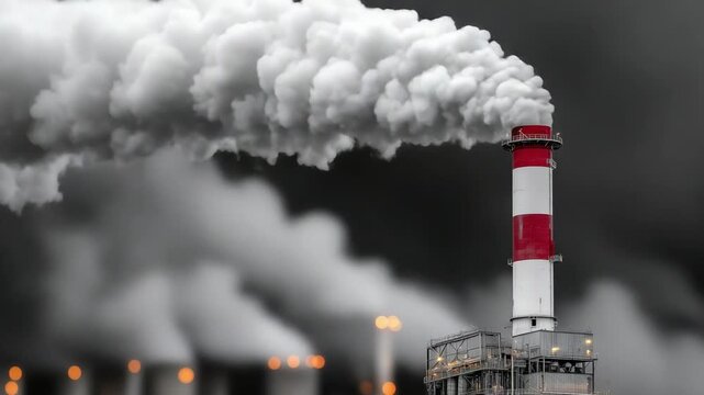 A towering factory chimney emits dark smoke, symbolizing unchecked industrial pollution against a clouded sky.