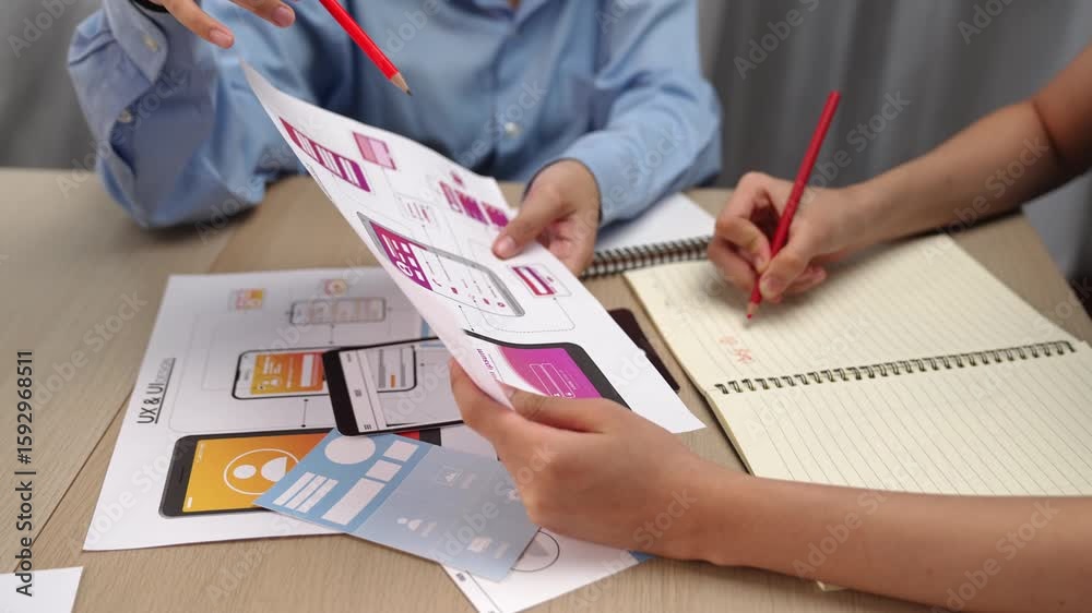 Poster panorama video of startup company employee planning on user interface prototype for mobile applicati