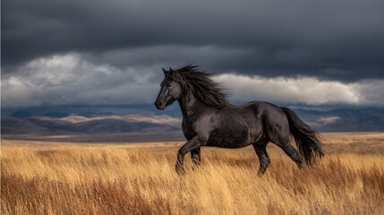 Majestic black horse running in field under stormy sky equine photography