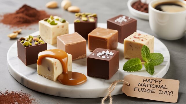 National Fudge Day celebrated with assorted rich chocolate candy squares. - Powered by Adobe