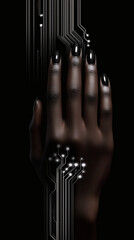Artistic portrait of a dark-skinned human hand against black background, overlaid with glowing white circuit patterns, symbolizing the intersection of humanity and digital technology.