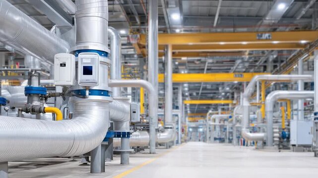 Explore the intricate network of silver and yellow gas pipes with welded seams and digital flow meters in a high-precision energy processing plant.