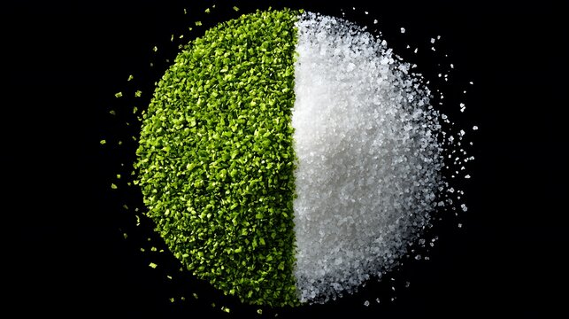 Green and white granules on black background food ingredient comparison shot