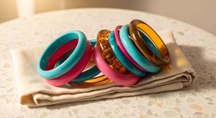 Close-up of colorful bangles arranged on a folded beige cloth atop a textured white table illuminated by warm sunlight creating shadows.