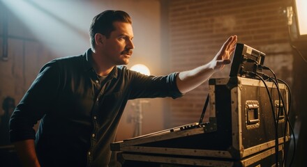 Caucasian male adult adjusting equipment in studio with vintage lighting