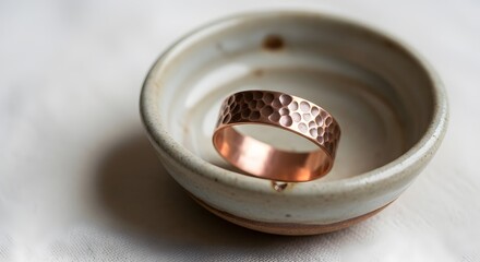 Metal ring inside a ceramic bowl on a textured surface showcasing a close up shot with shallow depth of field. The ring's hammered texture is highlighted.